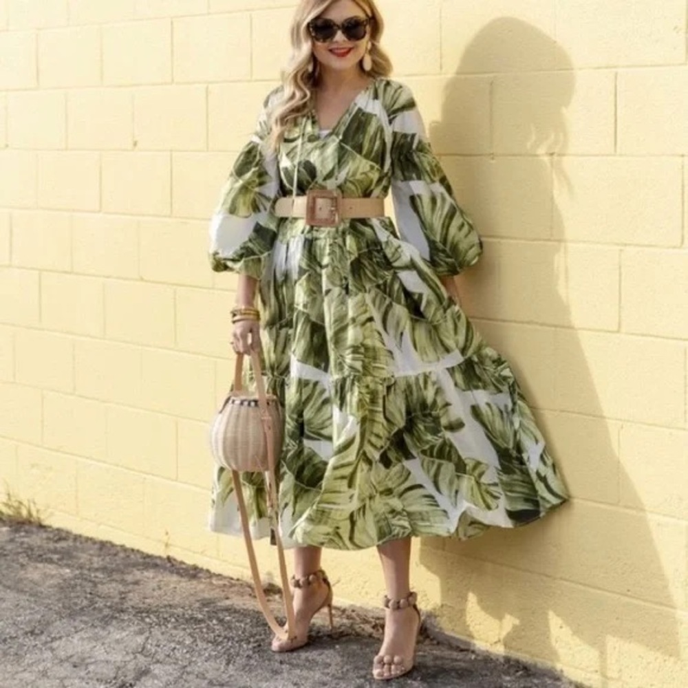 H&M green and white botanical palm print balloon sleeve maxi dress - Picture 3 of 8